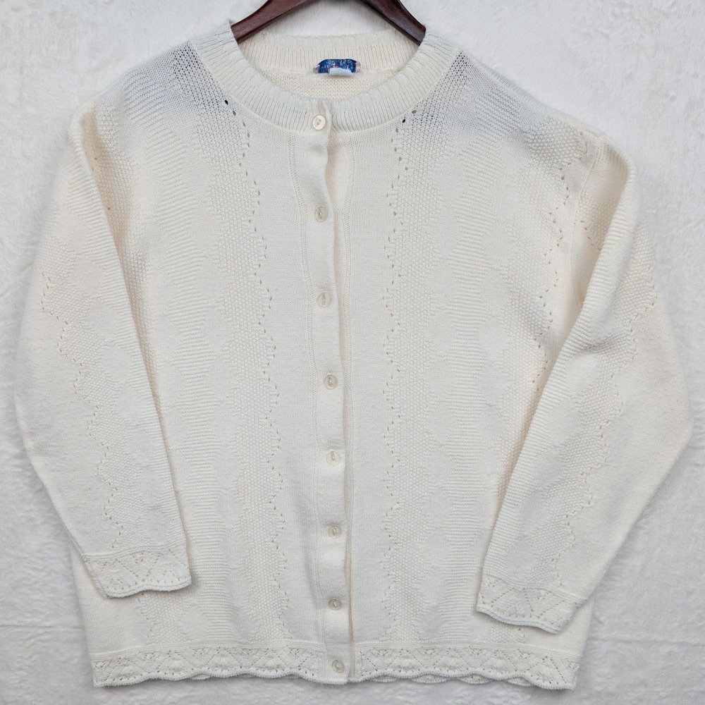 VTG Cardigan Sweater Women XL Cream White Orlon Pointelle Knit Scalloped Hem 80s